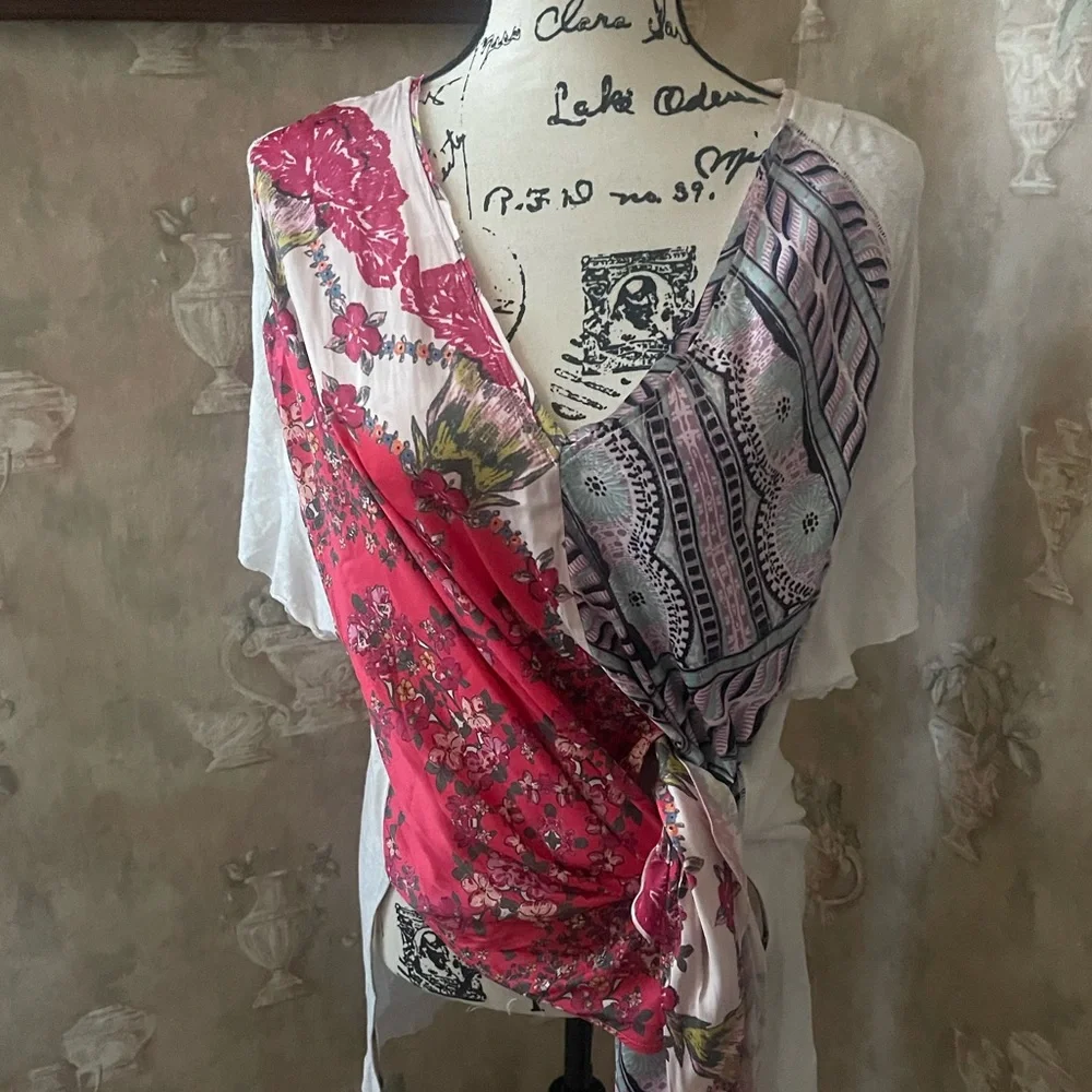 FREE PEOPLE PICK YOUR SCARF SPLIT TUNIC MAXI TEE  LARGE PINK COMBO